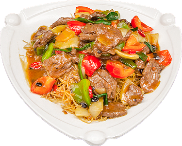 Crispy pan-fried noodles with beef in black bean sauce